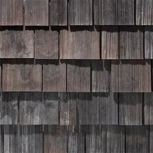Aged cedar-shake roofing texture, close-up shingle detail